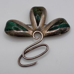 Sterling Silver stamped Taxco Mexico Green Turquoise Floral Brooch